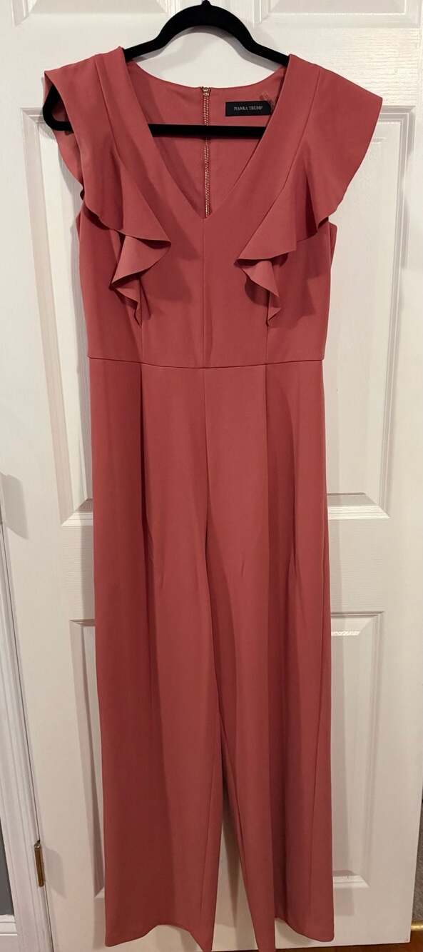 Ivanka Trump V-Neck Ruffle Flutter Sleeve Wide Leg Jumpsuit Rose